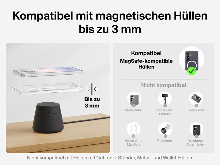 Die Kompatibilit&auml;t der Belkin UltraCharge modularen Ladestation mit Qi2 25W mit magnetischen H&uuml;llen bis zu 3&nbsp;mm und die optimierte Ausrichtung zum zuverl&auml;ssigen kabellosen Laden werden veranschaulicht. Es wird gezeigt, dass Wallet-H&uuml;llen und H&uuml;llen aus Metall sind nicht kompatibel sind.