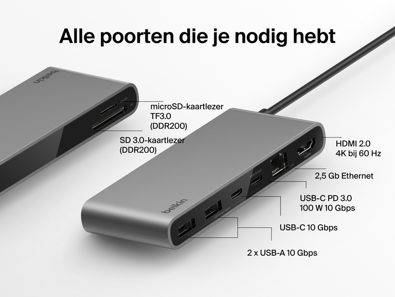Afbeelding van de Belkin Connect 8-poorts USB-C-hub met 2,5 Gb Ethernet-poort waarin de beschikbare poorten worden getoond: HDMI 2.0 4K bij 60 Hz, USB-C PD 3.0 100 W 10 Gbps, 2 keer USB-A 10 Gbps, SD- en microSD-kaartlezers en een Ethernet-poort voor zeer uitgebreide aansluitmogelijkheden.