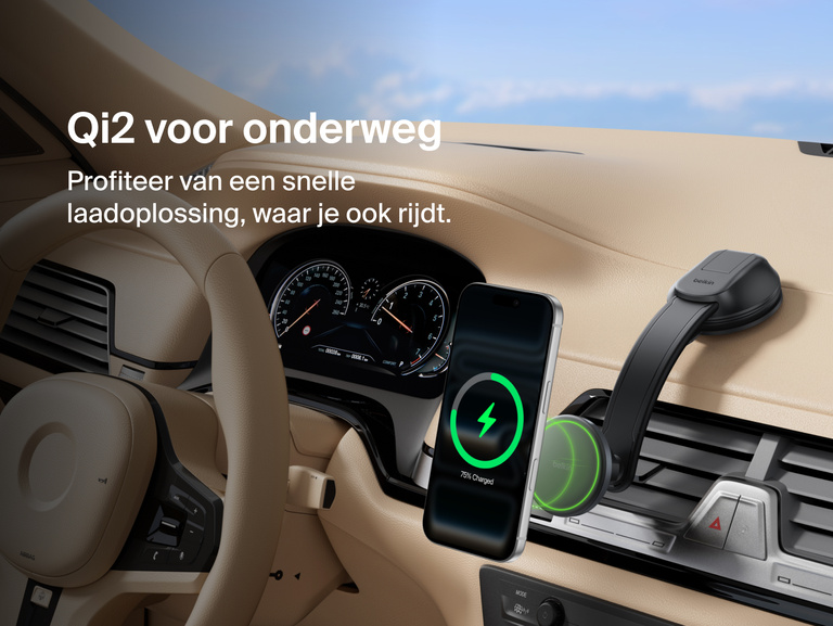 Belkin BoostCharge Magnetic Wireless Charging Car Vent and Dash Mount shown charging an iPhone with Qi2 fast wireless power while driving, highlighting quick 0–50% charge times.