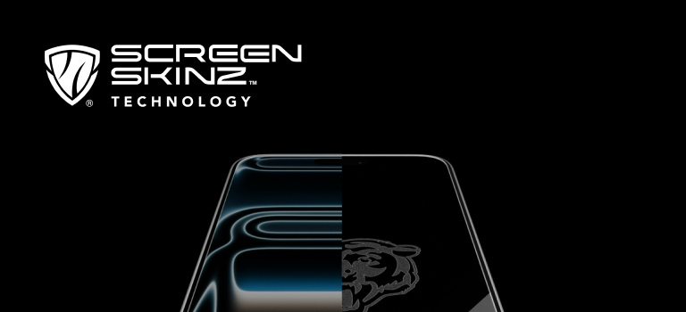 Screen Skins technology banner showing a smartphone with a partially applied custom screen protector, illustrating a personalized design on one side and a privacy tint on the other.