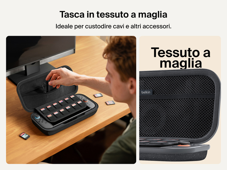 Un gamer accede alla tasca in tessuto a maglia della custodia di ricarica Belkin Gaming per Nintendo Switch 2, ideale per custodire cavi, accessori e il porta-cartucce per 12 videogiochi.