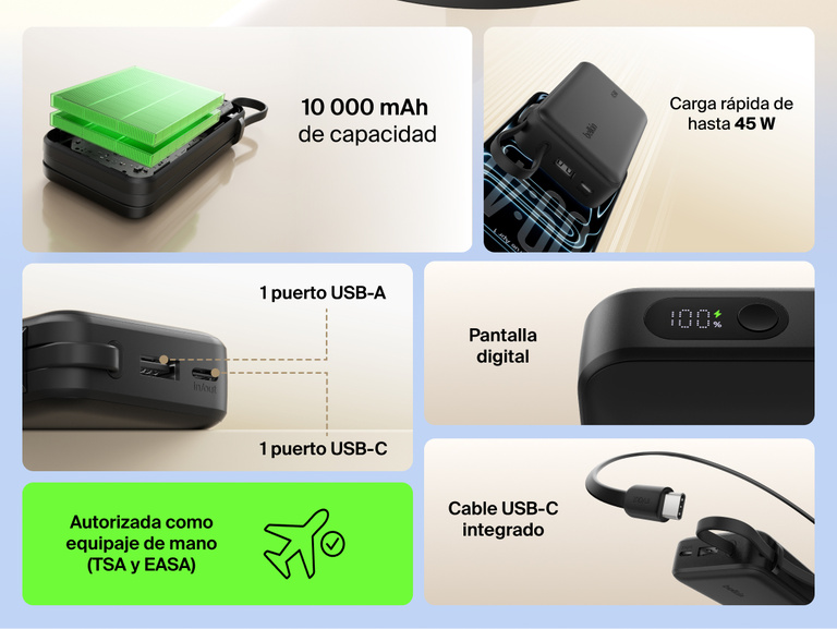 Belkin UltraCharge 10K power bank with 45W fast charging, integrated USB-C cable, digital display, USB-A and USB-C ports, and TSA carry-on approved design.