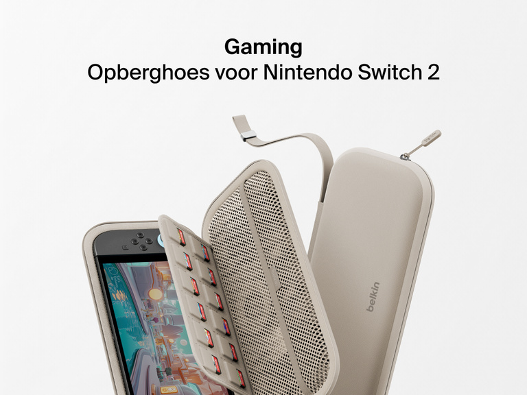 Exploded view of the Belkin Gaming Travel Case for Nintendo Switch 2, featuring compartments for game cards, mesh storage, and durable zippered protection.