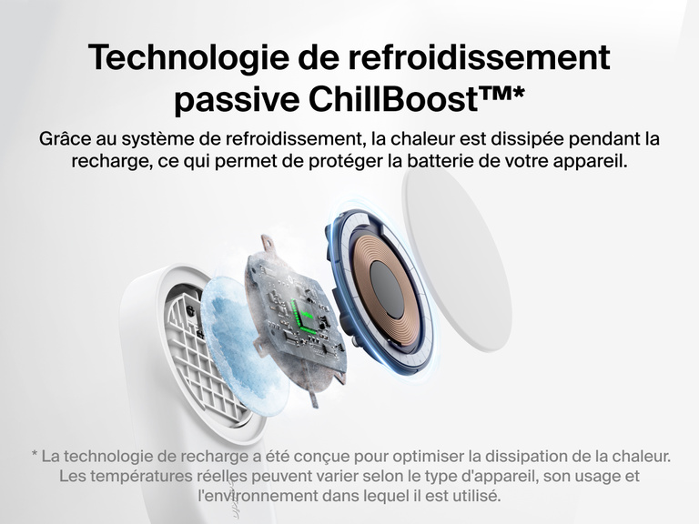 Socle de recharge 3-en-1 aimanté et pliable Belkin UltraCharge avec Qi2 (25 W) équipé de la technologie de refroidissement passive ChillBoost™ pour une dissipation de la chaleur et une protection de la batterie avancées.