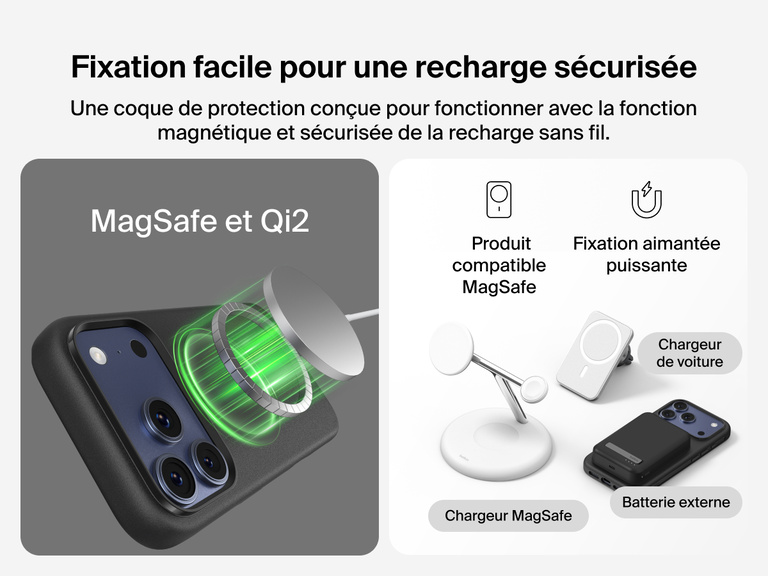 Coque de protection Belkin ScreenForce Protect&nbsp;Series pour iPhone&nbsp;17 avec rebords prot&eacute;geant l'&eacute;cran et les objectifs, con&ccedil;ue pour une recharge sans fil magn&eacute;tique fluide.