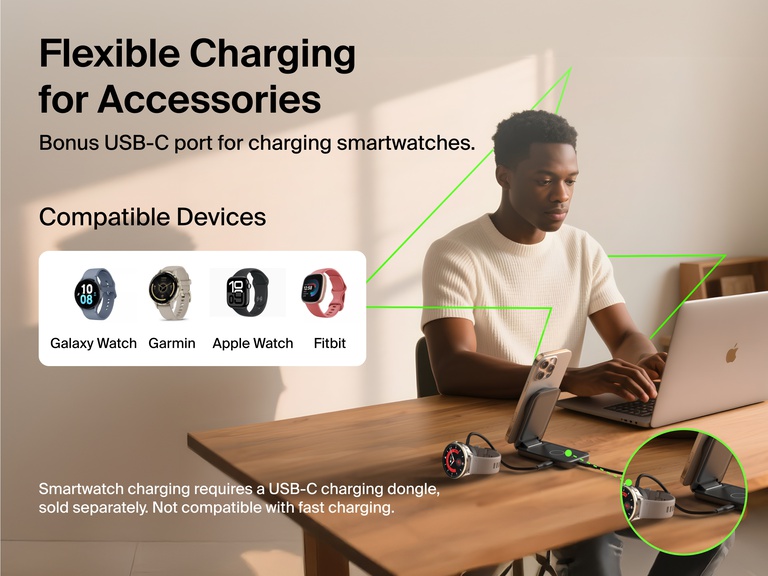 Belkin UltraCharge 2-in-1 Foldable Magnetic Charger with Qi2 25W shown powering iPhone and smartwatch via bonus USB-C port, compatible with Apple Watch, Galaxy Watch, Garmin, and Fitbit.
