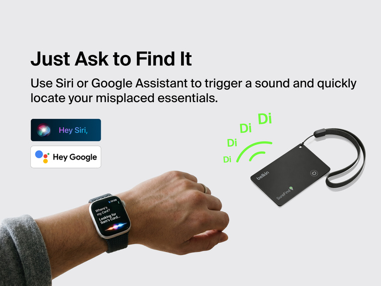 Belkin SureFind Card with wrist strap uses Siri or Google Assistant voice commands to trigger a sound and help locate misplaced essentials.