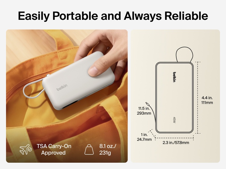 Belkin UltraCharge 10K power bank with integrated USB-C cable and digital display shown as a lightweight, TSA carry-on approved portable charger for everyday travel