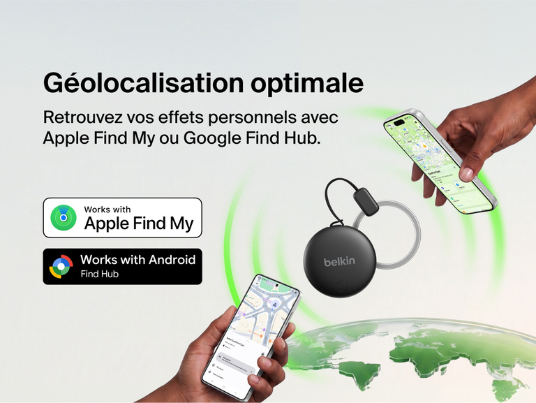 Image du tracker Belkin&nbsp;SureFind&nbsp;Spot qui fonctionne avec Apple&nbsp;Find&nbsp;My sur iPhone et Google&nbsp;Find&nbsp;Hub sur appareil Android pour aider les utilisateurs &agrave; g&eacute;olocalisler leurs indispensables.