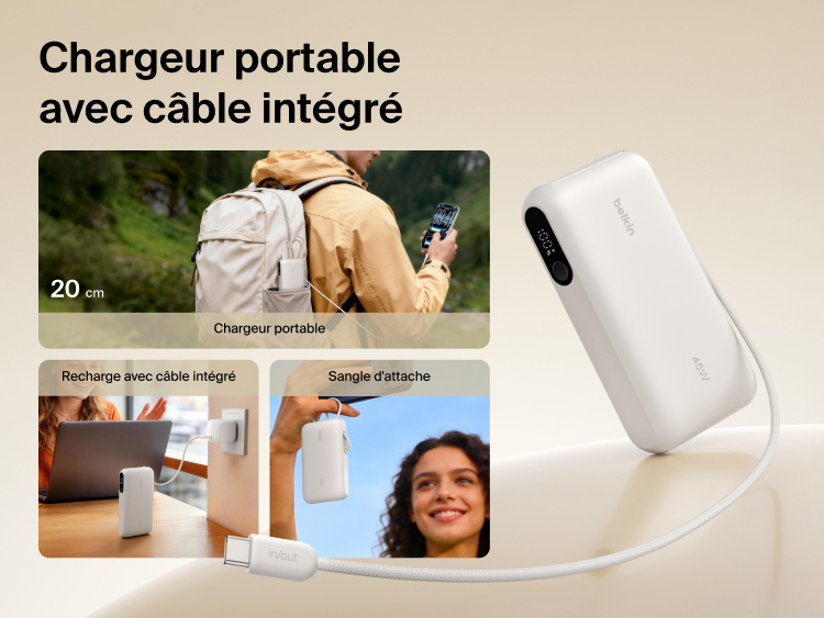 Belkin UltraCharge 10K power bank with integrated USB-C cable and digital display designed for portable charging, recharging, and convenient carry on the go
