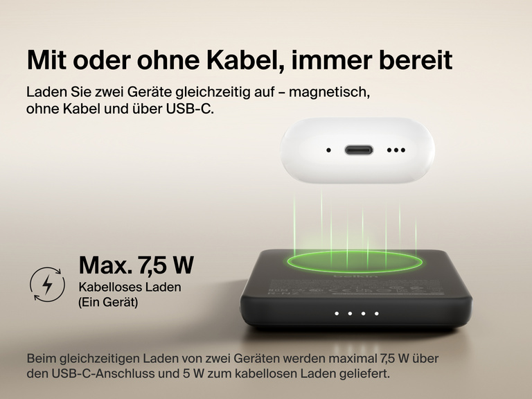 Belkin BoostCharge Slim Magnetic Power Bank 5K shown wirelessly charging earbuds, demonstrating 7.5W max magnetic wireless charging for single-device power.