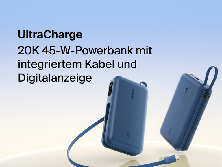 Belkin UltraCharge 20K 45W power bank with integrated USB-C cable and digital display showing portable high-capacity fast charging solution