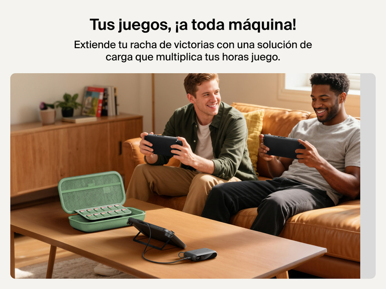 Two men gaming on Nintendo Switch 2 consoles while the Belkin Gaming Charging Case powers a device on the coffee table, showcasing extended playtime with built-in game card storage and charging.