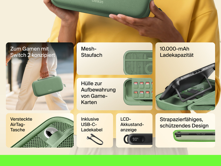 Infographic showcasing the Belkin Gaming Charging Case for Nintendo Switch 2 with features like 10,000 mAh power capacity, game card storage sleeve, USB-C cable, LCD battery indicator, mesh pocket, hidden AirTag pocket, and a durable, protective design.