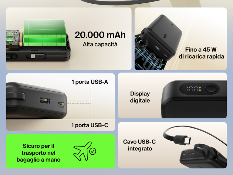 Belkin UltraCharge 20K 45W power bank with integrated USB-C cable, digital display, dual ports, and high-capacity battery for fast, travel-ready charging