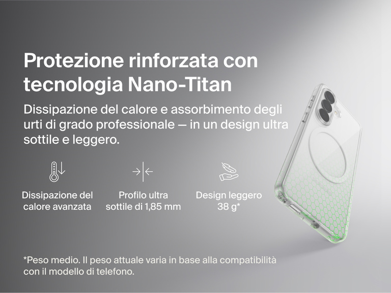 Belkin SheerForce Clear Series Case for Samsung Galaxy S26 shown in close-up, highlighting reinforced Nano-Titan protection with shock absorption, heat dissipation, ultra-slim 1.85 mm profile, and lightweight protective design.