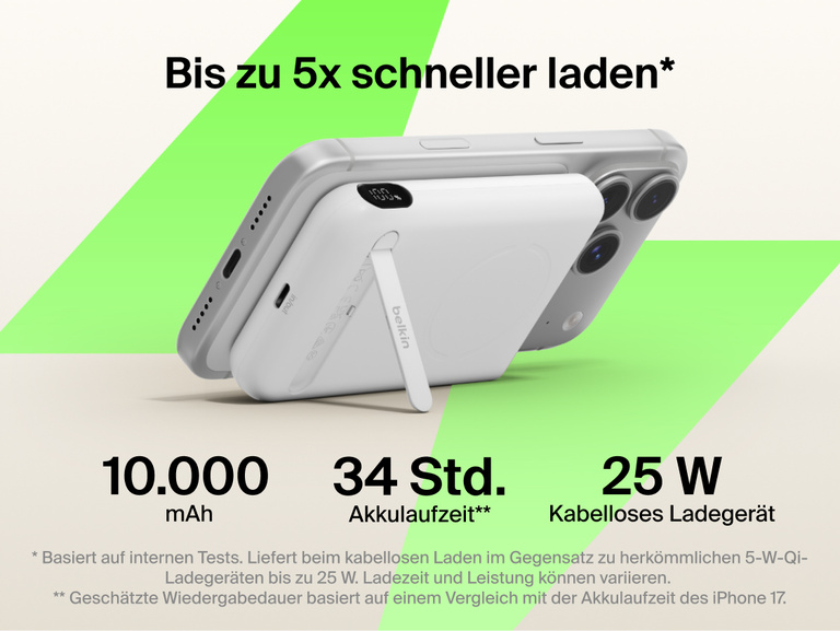 Belkin UltraCharge Pro Power Bank 10K with magnetic ring attached to a smartphone, highlighting up to 25W wireless fast charging, 10,000 mAh capacity, extended battery life, and built-in kickstand for hands-free use.