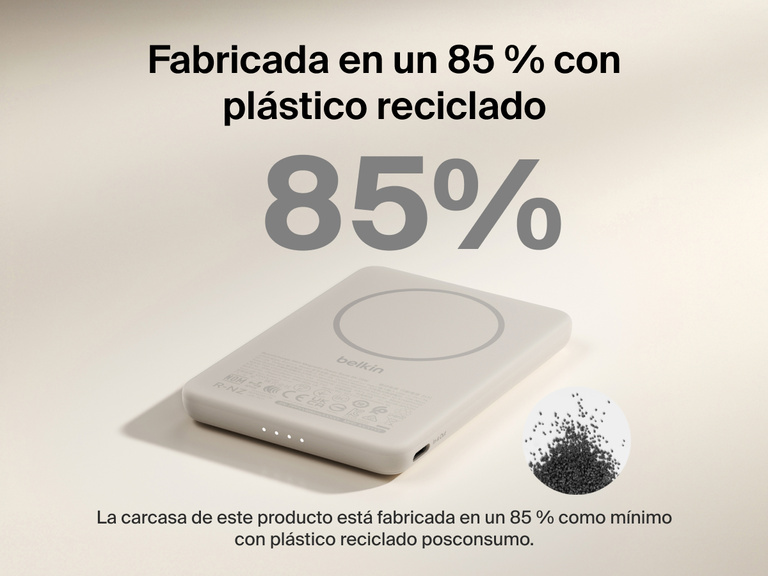 Belkin BoostCharge Slim Magnetic Power Bank 5K shown with text highlighting that its housing is made from 85% post-consumer recycled plastic for sustainable design.