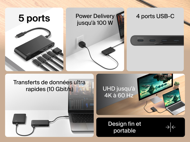 Belkin Connect 5-Port USB-C Hub with 4K HDMI offers 100W power delivery, 10Gbps data transfer, and slim portable design.