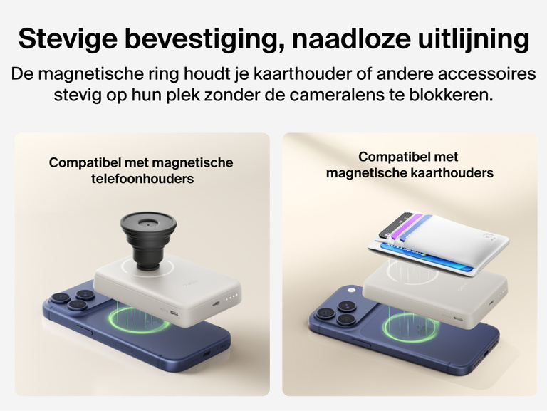 Belkin BoostCharge Slim Magnetic Power Bank 10K securely aligned to iPhone with magnetic ring, compatible with PopSockets and magnetic wallets without blocking camera