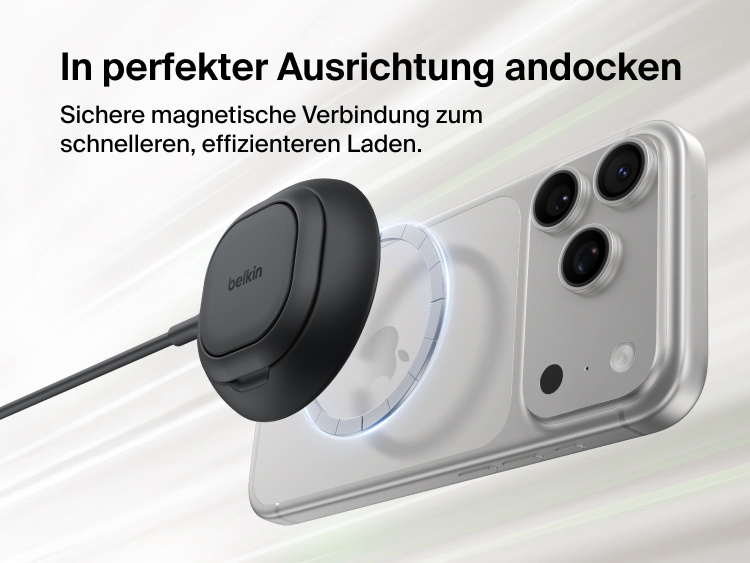 Das Belkin UltraCharge magnetische Ladeger&auml;t mit Qi2 25W wird in perfekter Ausrichtung zum effizienten, induktiven Laden an die R&uuml;ckseite eines Smartphone angedockt gezeigt.