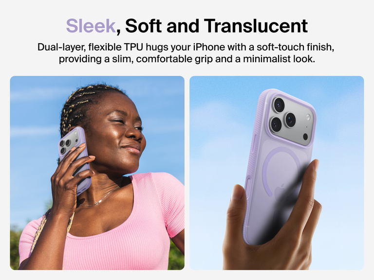 Belkin SheerForce Grip Series Case for iPhone 17 with slim translucent design and soft-touch finish for a comfortable grip.