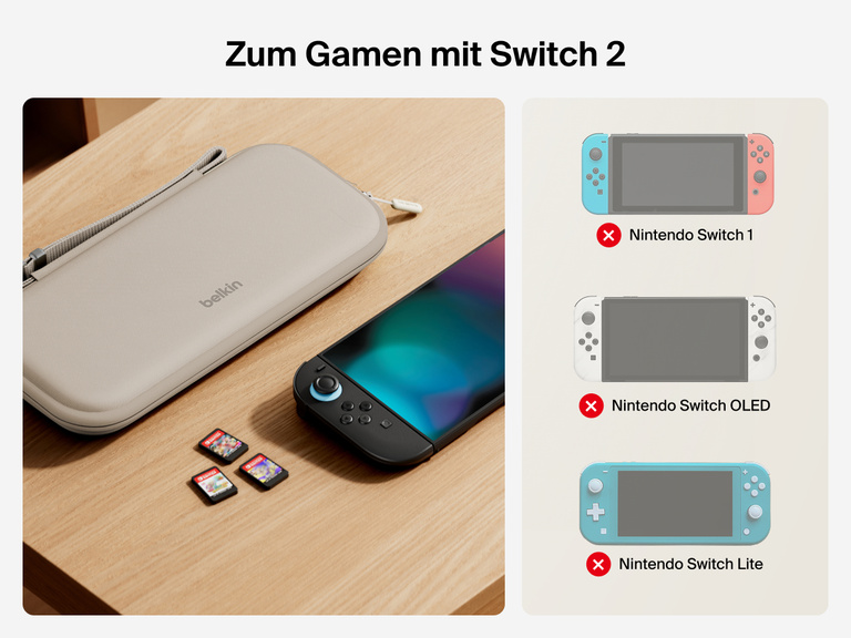 The Belkin Gaming Travel Case is shown beside a Nintendo Switch 2, with icons indicating compatibility exclusively with Switch 2—not with Switch 1, OLED, or Lite models.