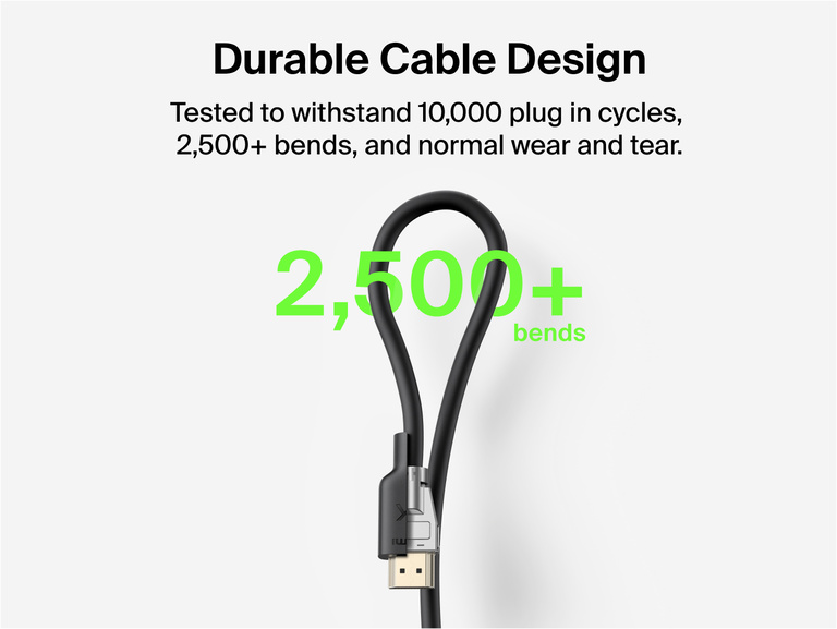 Connect Premium High-Speed HDMI&reg; Cable (4K) shown on a light background with on-image text Durable Cable Design, noting it is tested to withstand 10,000 plug-in cycles and 2,500+ bends