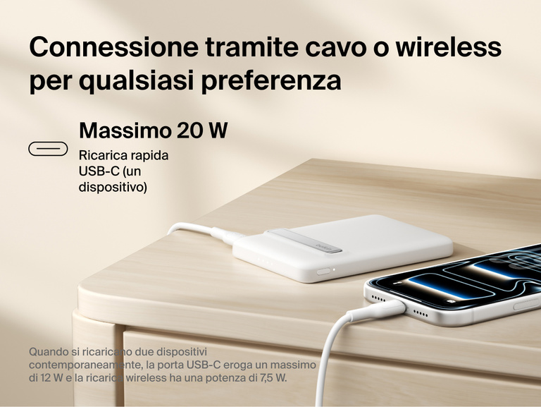 Belkin BoostCharge Slim Magnetic Power Bank 5K with Qi2 shown delivering wired USB-C fast charging and wireless charging for reliable, on-the-go power in a compact portable design.