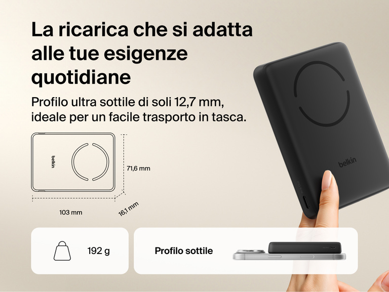 Belkin BoostCharge Slim Magnetic Power Bank 10K slim portable design with compact dimensions and lightweight build for easy pocket storage