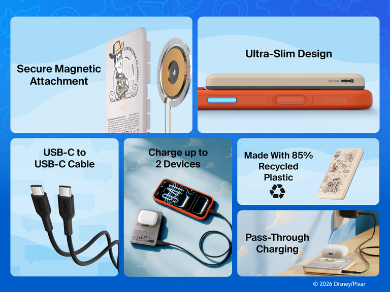 Belkin BoostCharge Slim Magnetic Power Bank 5K shown highlighting key features including secure magnetic ring, ultra-slim design, USB-C to USB-C cable, dual device charging, recycled materials, and pass-through charging capability.