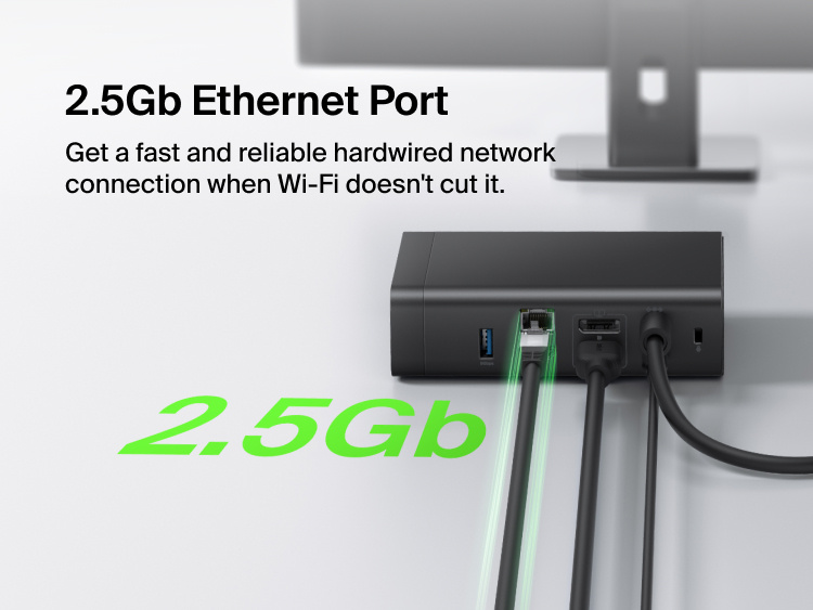 Close-up of the Connect 12-Port Dual Display USB-C Dock's rear ports connected to an Ethernet cable and monitor, highlighting the 2.5Gb Ethernet port for a fast, reliable wired connection