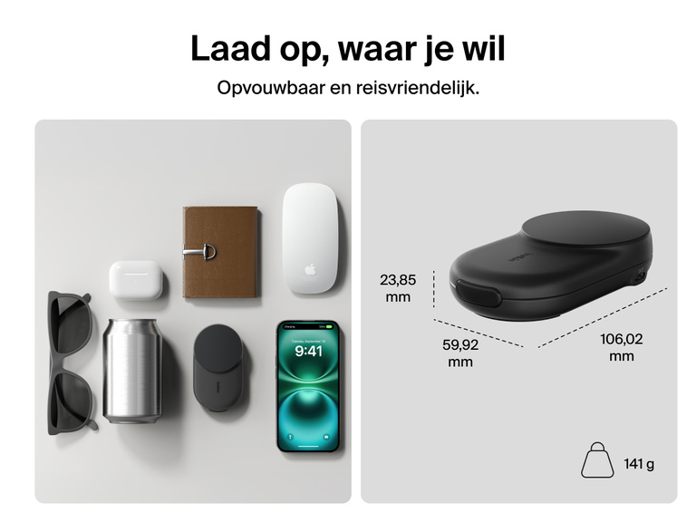 Afbeelding van de Belkin UltraCharge 2-in-1 uitklapbare magnetische lader met Qi2 25W in een compact, reisvriendelijk ontwerp met een gewicht van 162 gram en een ideaal formaat voor opladen onderweg.