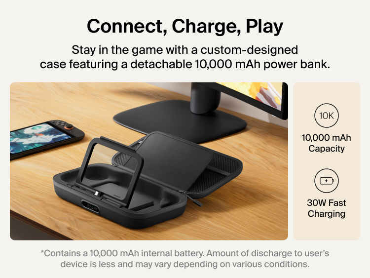 Belkin Gaming Charging Case Pro for Nintendo Switch 2 shown with detachable 10,000 mAh power bank, flip-up stand, and 30W fast charging for extended connected gameplay.