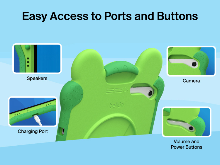 Rear view of the Belkin Disney Toy Story 5 Lilypad case for Samsung Galaxy Tab A11+ showing precise speaker, charging port, camera, and button cutouts.