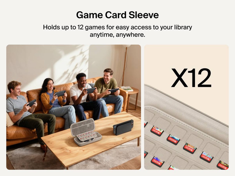 Four friends play on Nintendo Switch 2 consoles while the Belkin Gaming Charging Case sits open on the table, highlighting its built-in sleeve that securely stores up to 12 game cards.
