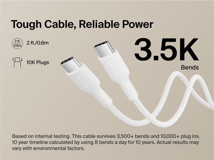 Belkin BoostCharge Slim Magnetic Power Bank 5K shown with durable USB-C to USB-C cable designed for 3,500+ bends and reliable long-lasting charging performance.