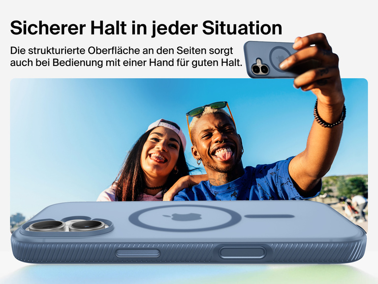 Belkin SheerForce Grip Series Case for iPhone 17 with military-grade drop protection and textured non-slip grip.