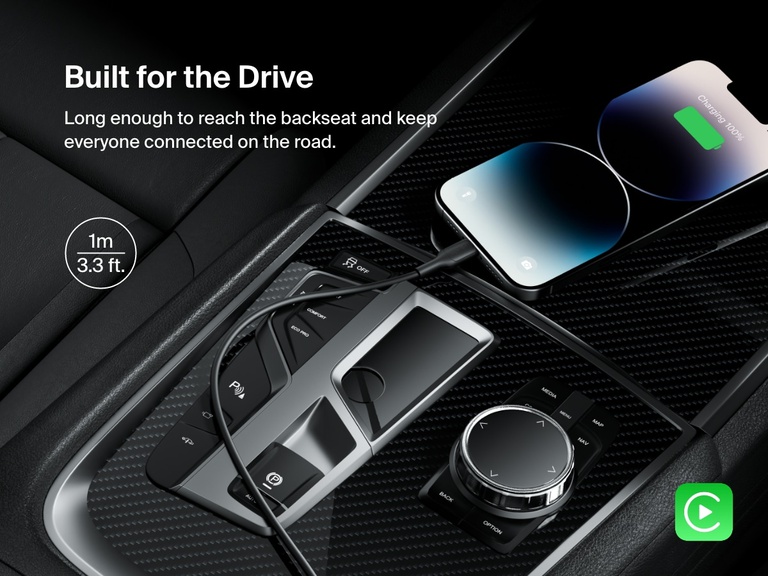 Belkin BoostCharge USB-C Cable with Lightning Connector in a 1m (3.3 ft.) length shown charging an iPhone in a car, ideal for backseat connectivity and Apple CarPlay support.