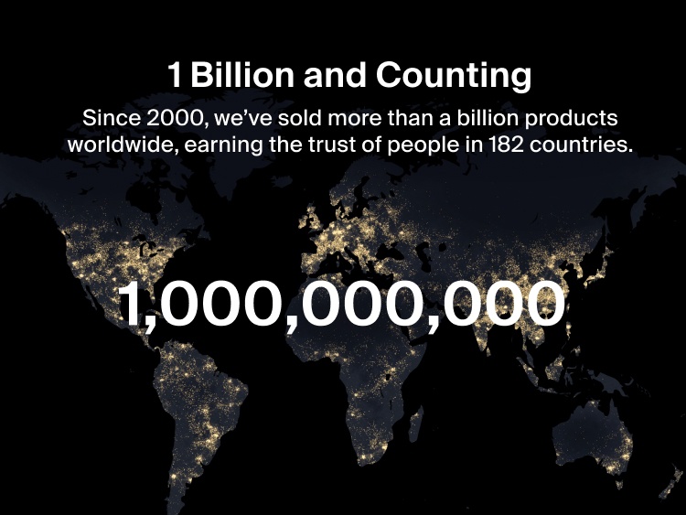 World map highlighting Belkin&rsquo;s milestone of more than 1 billion products sold worldwide since 2000 across 182 countries.