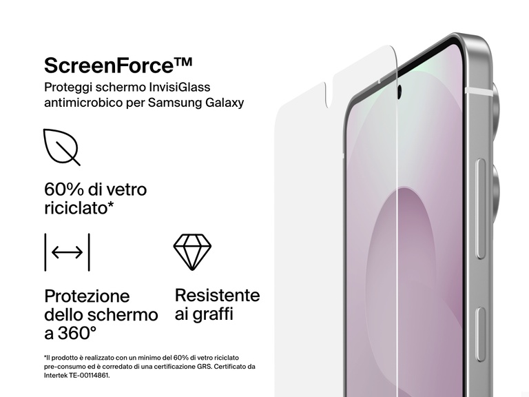Immagine di marketing del proteggi schermo antimicrobico ScreenForce InvisiGlass di Belkin per Samsung Galaxy S25 Edge, che illustra funzionalità quali la resistenza ai graffi, la protezione a 360° dello schermo e la composizione con il 60% di vetro riciclato. Sulla destra è mostrato un telefono con un proteggi schermo.