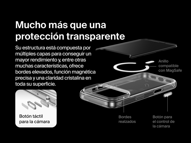 Belkin SheerForce Clear Series Case for iPhone 17 with raised edges, MagSafe-compatible ring, touch-sensitive camera button, and layered clear protection design.