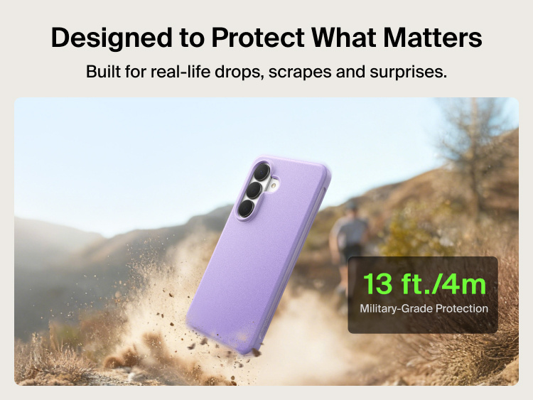 Belkin SheerForce Protect Series Case for Samsung Galaxy S26 shown with drop impact, highlighting durable everyday protection and up to 13 ft drop resistance for real-life use.
