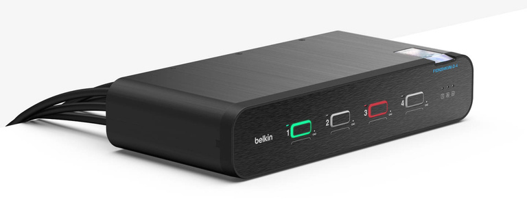 A sleek, black Belkin Universal DisplayPort Secure KVM 4-Port Dual Head without CAC device, featuring illuminated port indicators and labeled buttons for secure switching between two computers.