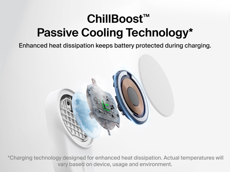 Belkin UltraCharge 3-in-1 Foldable Magnetic Charger with Qi2 25W features ChillBoost™ passive cooling technology for enhanced heat dissipation and battery protection.