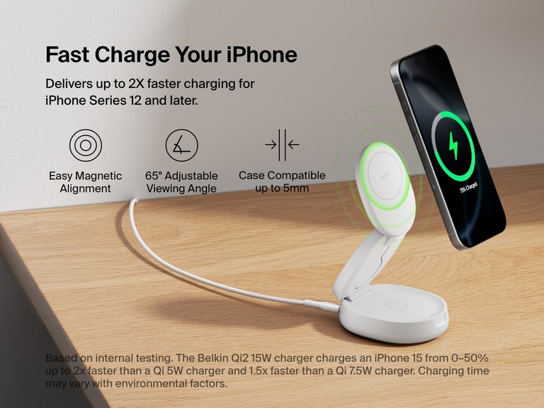 Belkin BoostCharge 3-in-1 Compact Magnetic Charging Stand shown charging an iPhone with magnetic alignment, highlighting its 65° adjustable angle, case compatibility up to 5mm, and Qi2 fast charging capabilities.