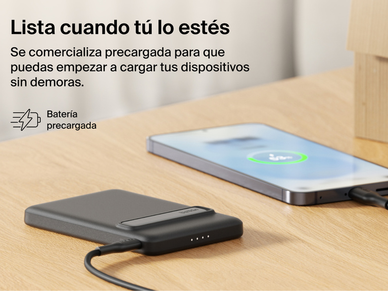 Belkin BoostCharge Slim Magnetic Power Bank 5K with Qi2 shown precharged and ready to deliver fast, portable wired or magnetic wireless charging straight out of the box.