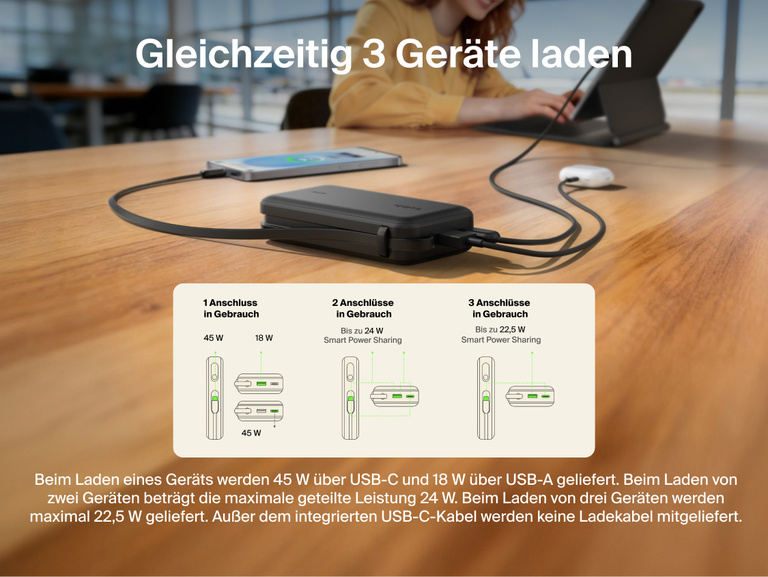 Belkin UltraCharge 10K power bank with integrated USB-C cable and digital display charging up to three devices simultaneously with smart power sharing