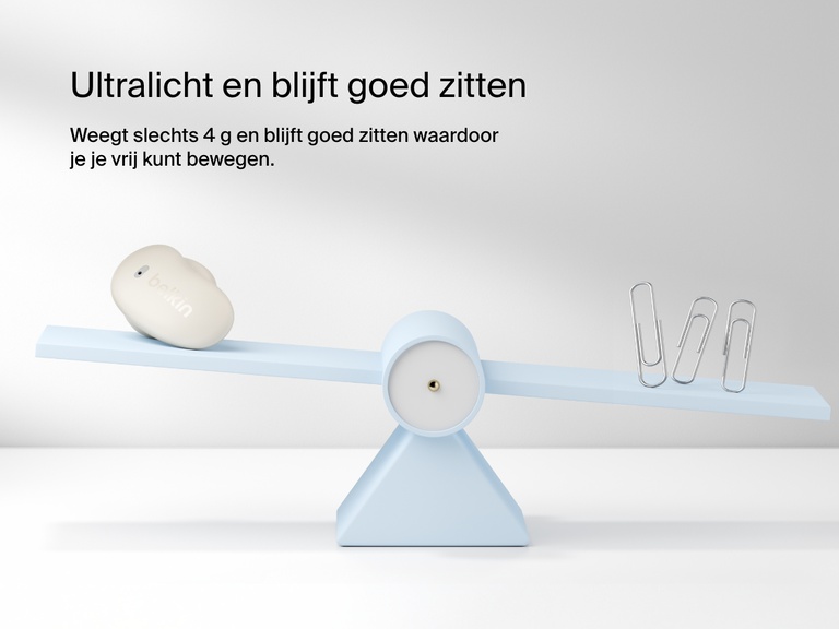 Belkin SoundForm Anywhere Wireless Earbuds shown on a balance scale highlighting ultra-light 4g weight and secure low-profile fit.