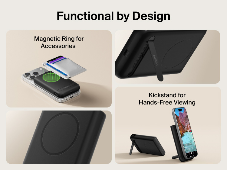 Belkin UltraCharge Pro Power Bank 10K with magnetic ring shown with accessory attachment support and an integrated kickstand for secure mounting and hands-free phone viewing.